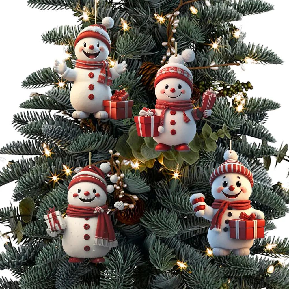 1-5PCS Snowman Christmas Tree Pendant 2D Acrylic Xmas Tree Decoration Cute Hanging Ornaments Decorative for Window Fireplace Car