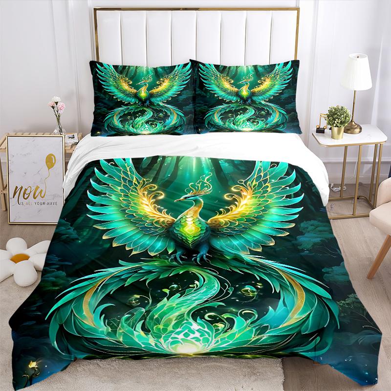 3pcs Enchanted Forest Phoenix Pattern Bedding Three-Piece Set (1 Cover + 2 Pillowcases, No Fillings), This Printed Bedding Set Is Soft and Comfor
