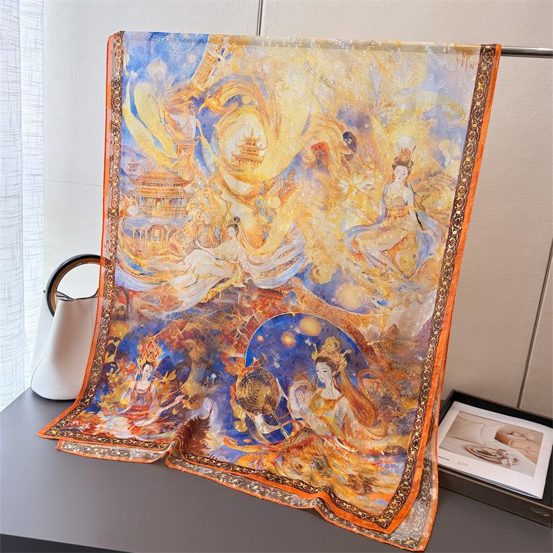 Camel Bell Dream Print Cut Flower Spring And Summer Silk Scarf Large Long Scarf High Sense Travel Shawl Sun Protection Women'S Scarf Headscarf