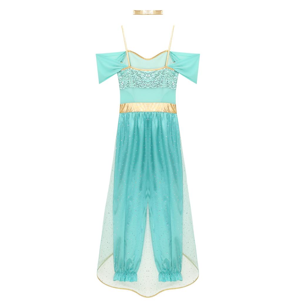 Womens Arabian Princess Costume Belly Dance Role Play Gems Adorned Sequin Romper and Choker Collar