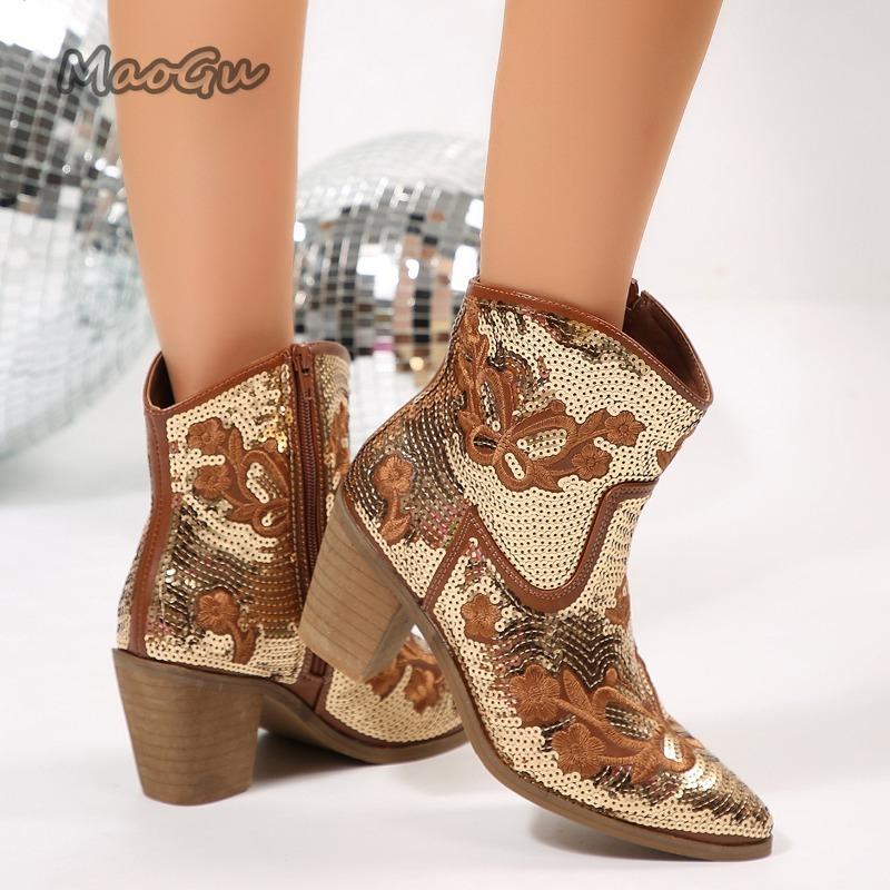 Glitter Sequins Pointed Toe High Heel Fashion Short Boots Women's 2026 Autumn Winter New Chunky Heeled Ankle Boots Size 36-43