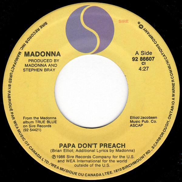 

7inch Record MADONNA Papa Dont Preach 9286607 Sire 1986 Canada Dance Electronica Used