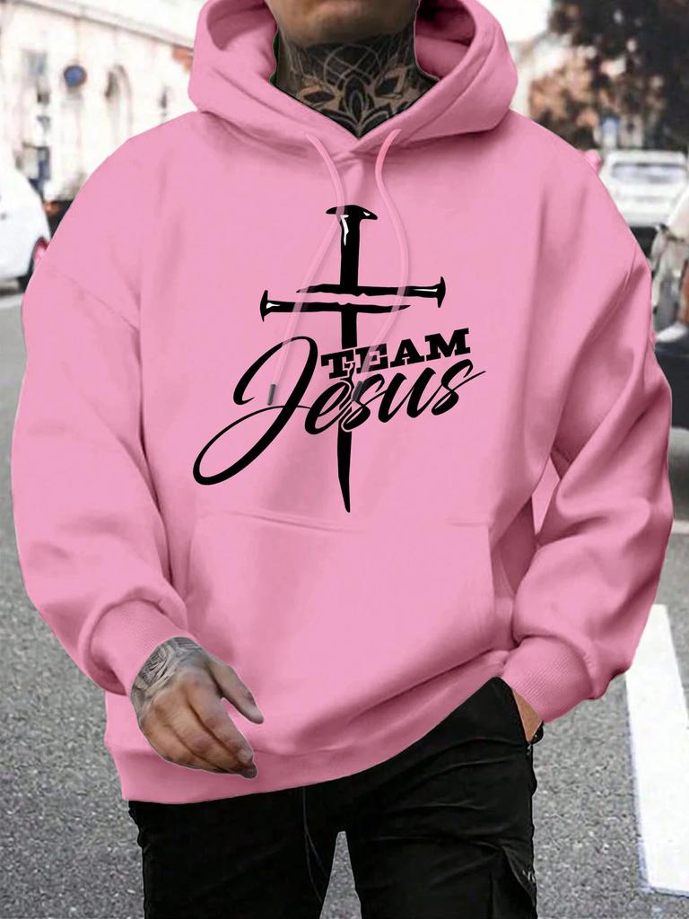 Team Jesus Letter Design Printing Men's Sweatshirt Fashion Warm Hooded Casual Pocket Hoodies Autumn Loose Streetwear