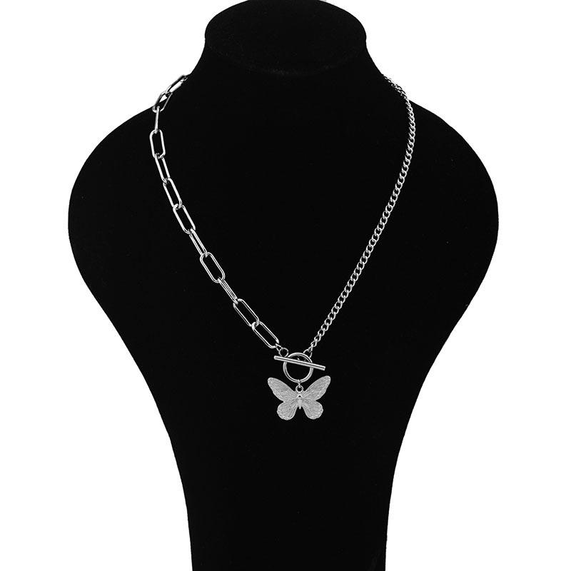 Stainless Steel Butterfly Necklace, Asymmetric Chain Mixed and Matched OT Buckle Necklace, Cold Wind