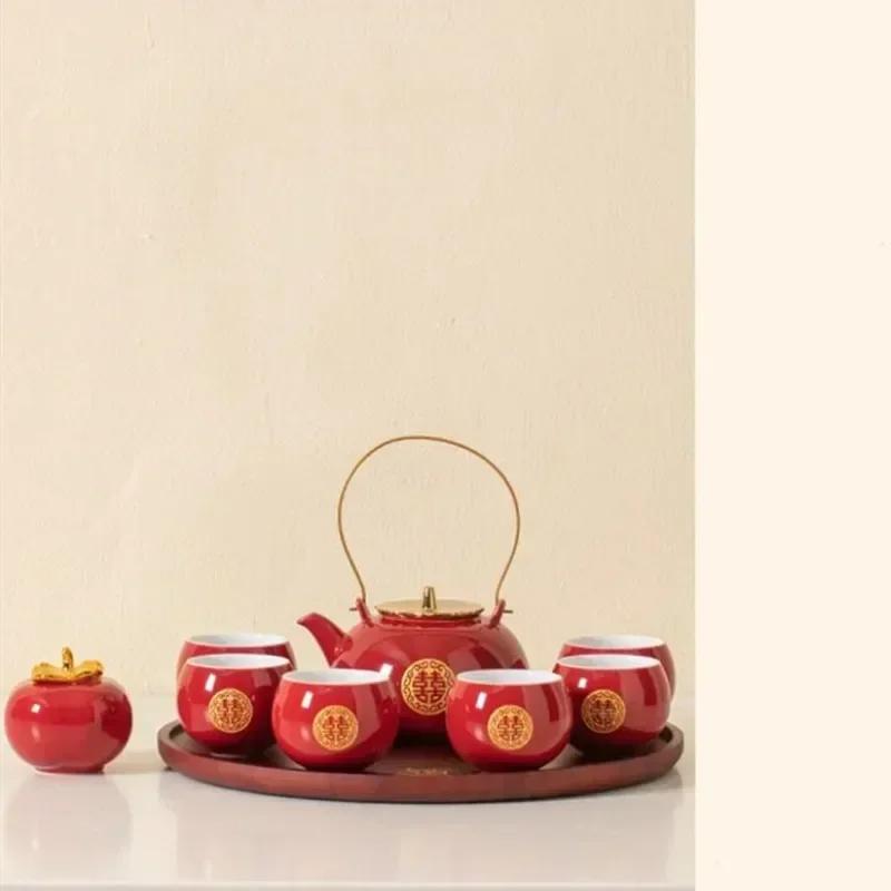 Chinese Red Ceramic Tea Set Bamboo Tray Handmade Teapot Kettle Teacup Tea Jar Household Wedding Teaware Sets Holiday Luxury Gift
