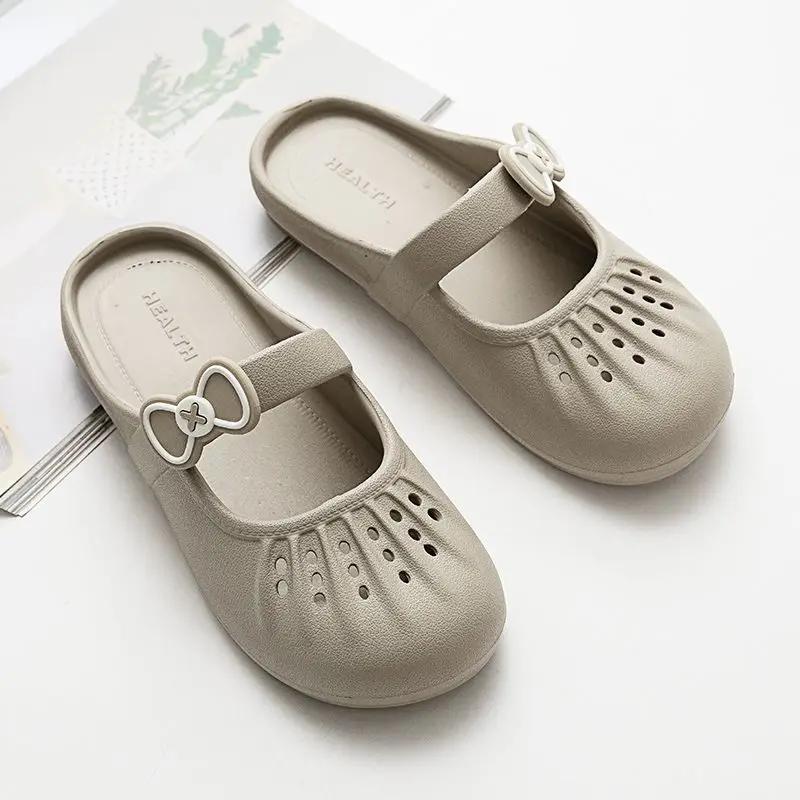 Fashion Sandals Hollow With Bow Shoes for Women Waterproof Shoe 2025 Trend Korea Style Slides Small Size Designer Luxury Woman Slippers
