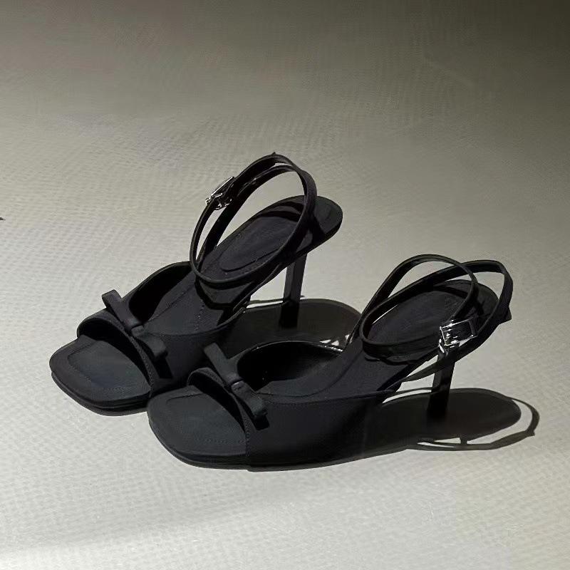 New square toe ankle strap silver satin bow high heel cool slippers thin heel open-toed women's sandals