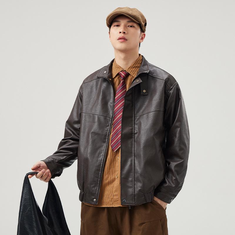 Vintage Solid Colour Versatile Pu Leather Jacket Men's Loose Large Size Stand-up Collar Biker Leather Jacket Casual Jacket
