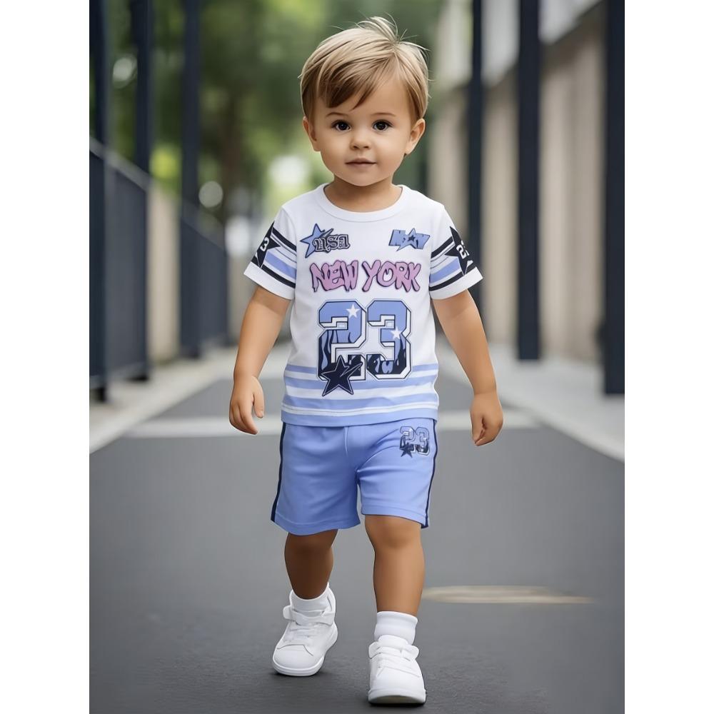 Boys striped sleeve New York printed shorts casual set 150