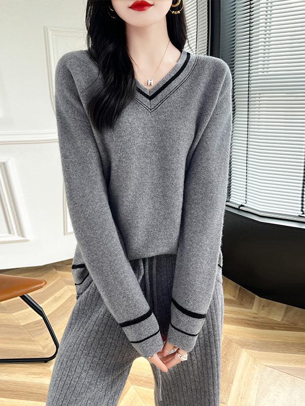 Women's Color-Block V-Neck Long Sleeve Loose Wool Pullover Sweater