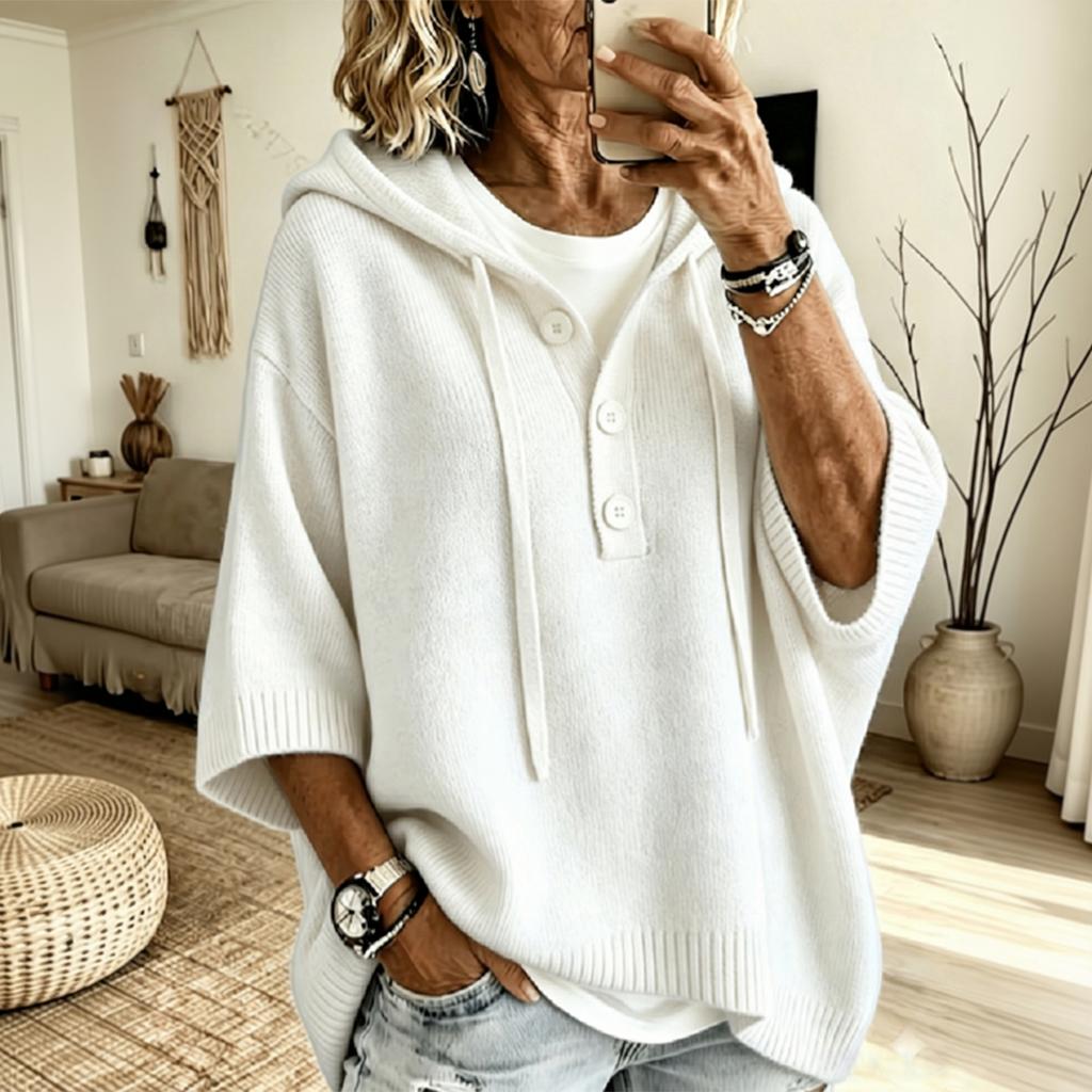 Maglione Casual da Donna con Cappuccio, Manica a Tre Quarti, Coulisse, Bottoni, Vestibilità Larga