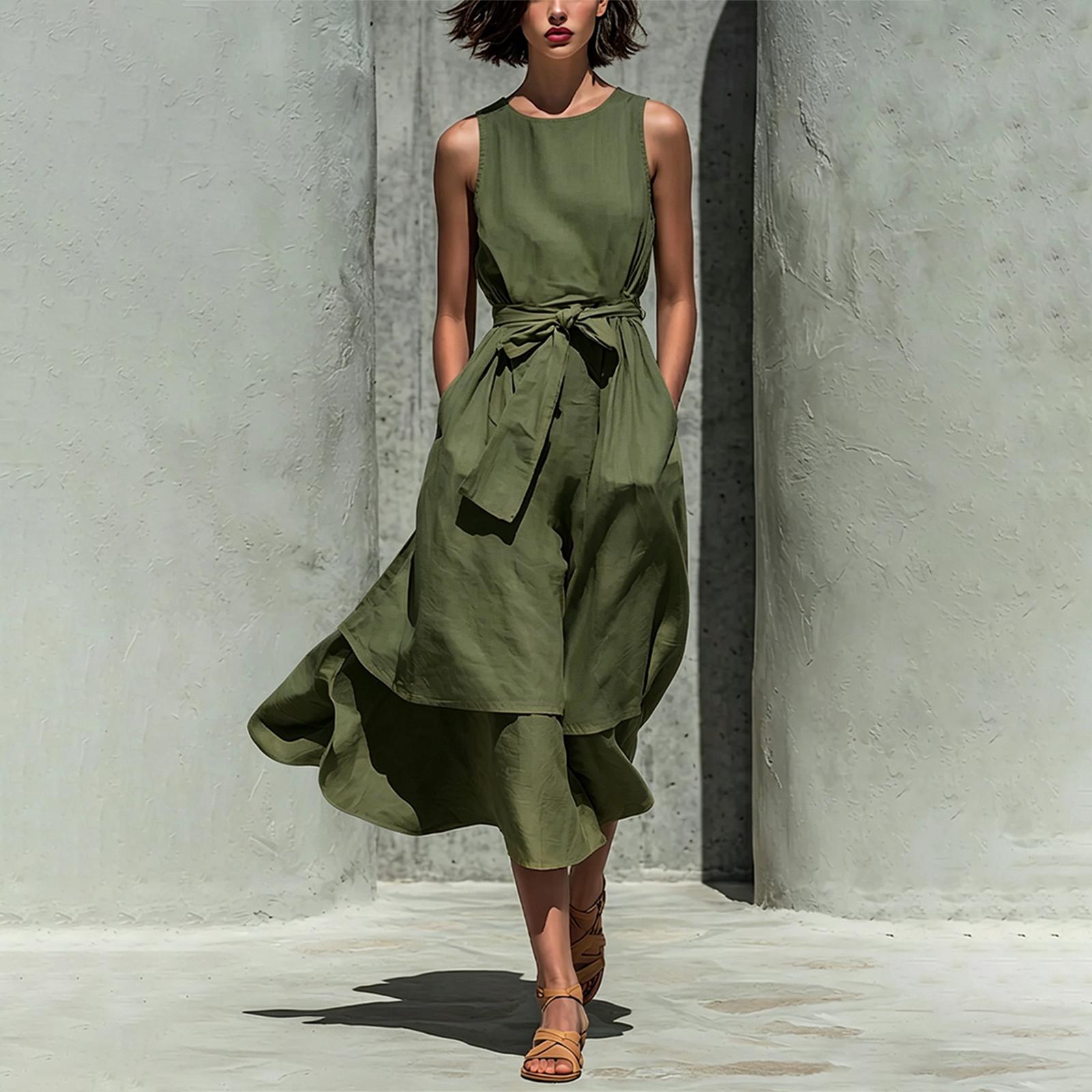 Women s Sleeveless Dress with Round Neck, Tie Waist, and Irregular Hem L