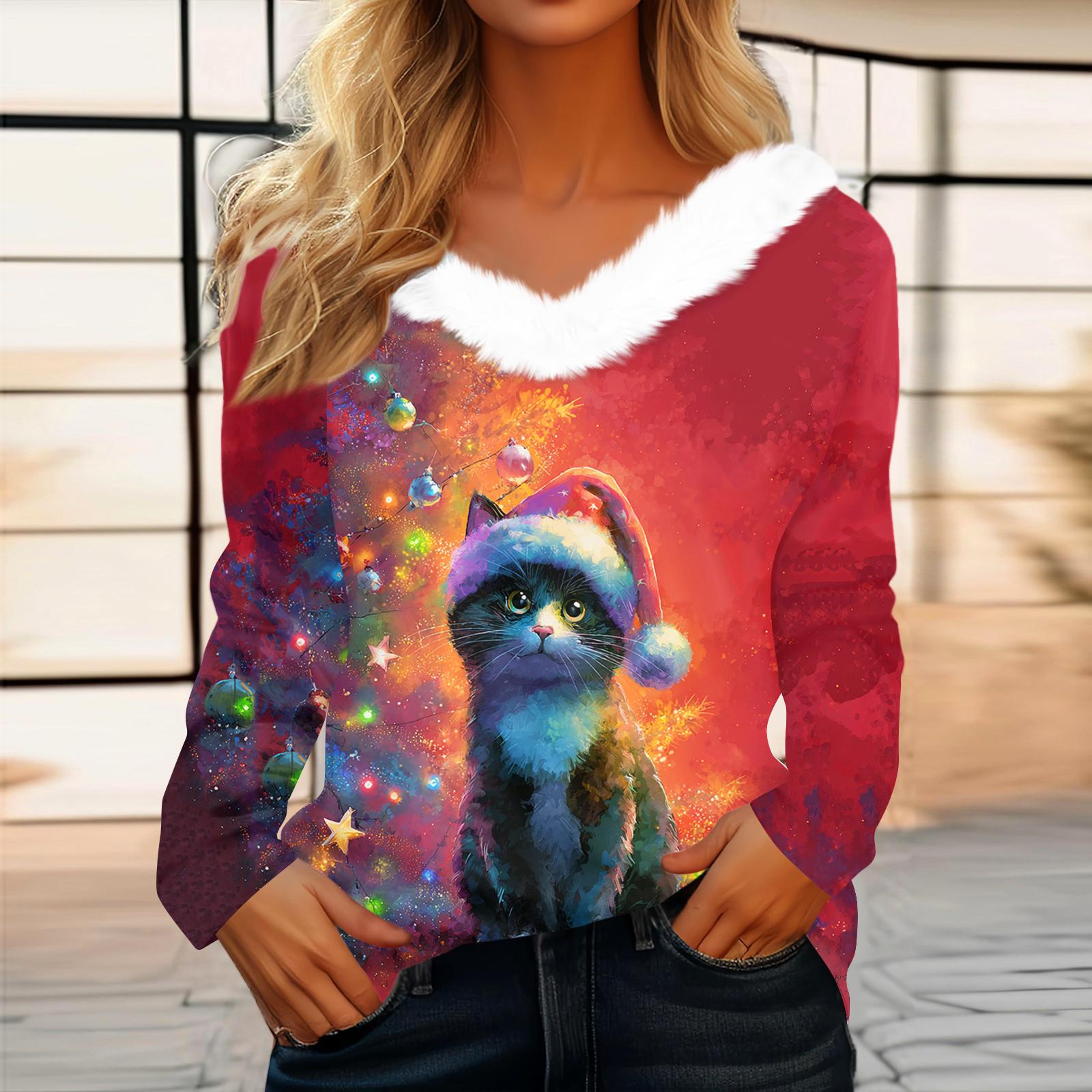 

Женский рождественский топ с принтом, длинными рукавами, для вечеринки, с плюшевой отделкой на шее, с V-образным вырезом XL винный