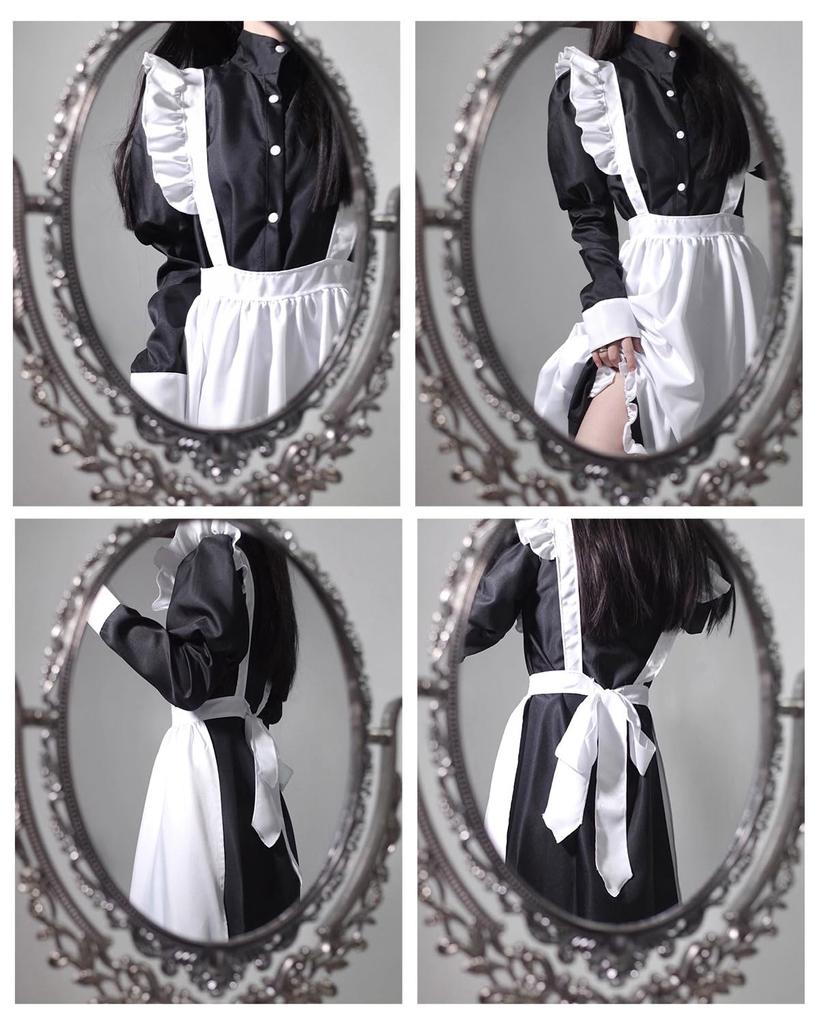 Dienstmädchen im britischen Stil, schwarz und ein Cosplay-4-teiliges langes großes Dienstmädchenkostüm für Jungen und Mädchen [Kamizu Ryohin] Kleidung, lang, weiß, teilig, Kostüm, Set,