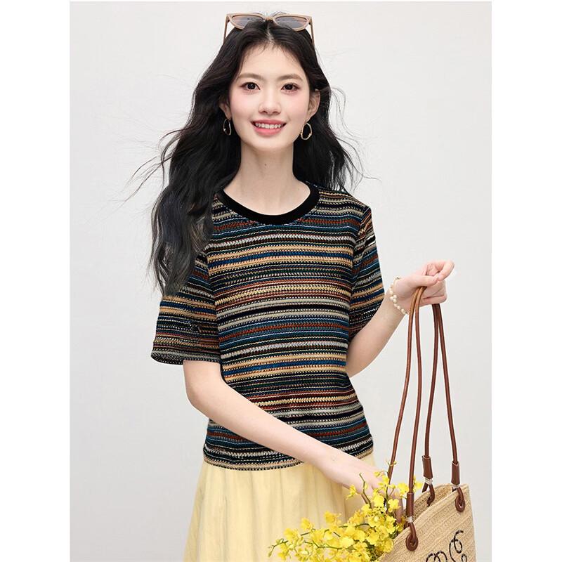 Women's Color Block Striped Knit Casual T-Shirt