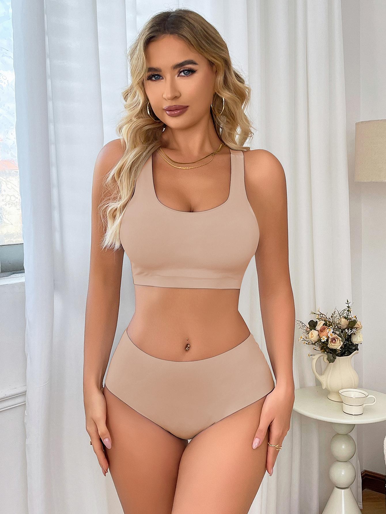 

Спортивный комплект нижнего белья, цельный бесшовный бюстгальтер без косточек и трусики, женское нижнее белье XL бежевый