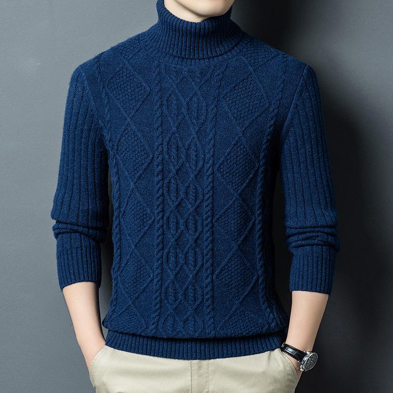 2025 Winter Korean Style Men's High-Neck Jacquard Sweater - Casual Knit Base Layer for Middle-Aged & Young