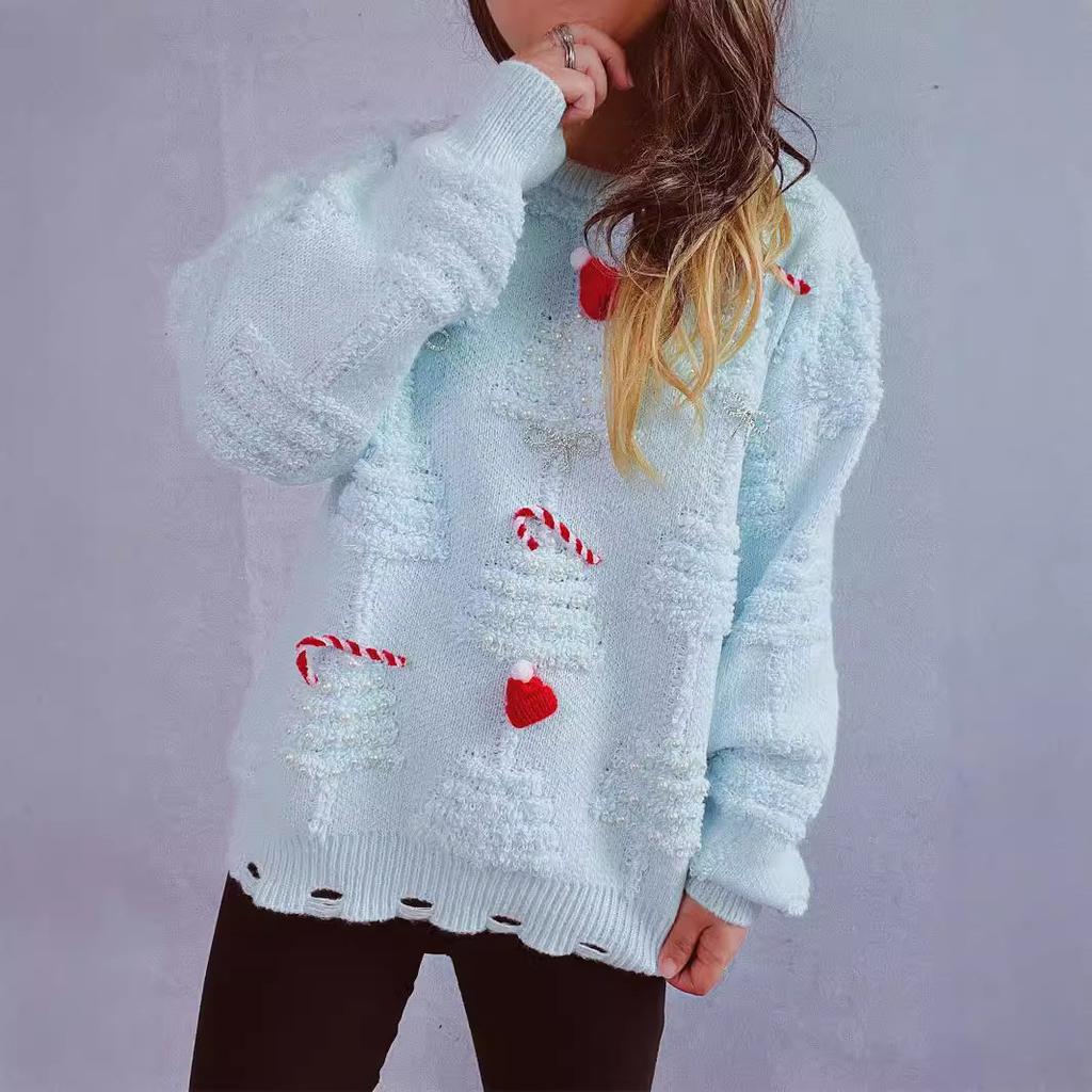 Solid color handmade pearl Christmas three-dimensional decoration plush New Year sweater Christmas sweater 3612 EMA