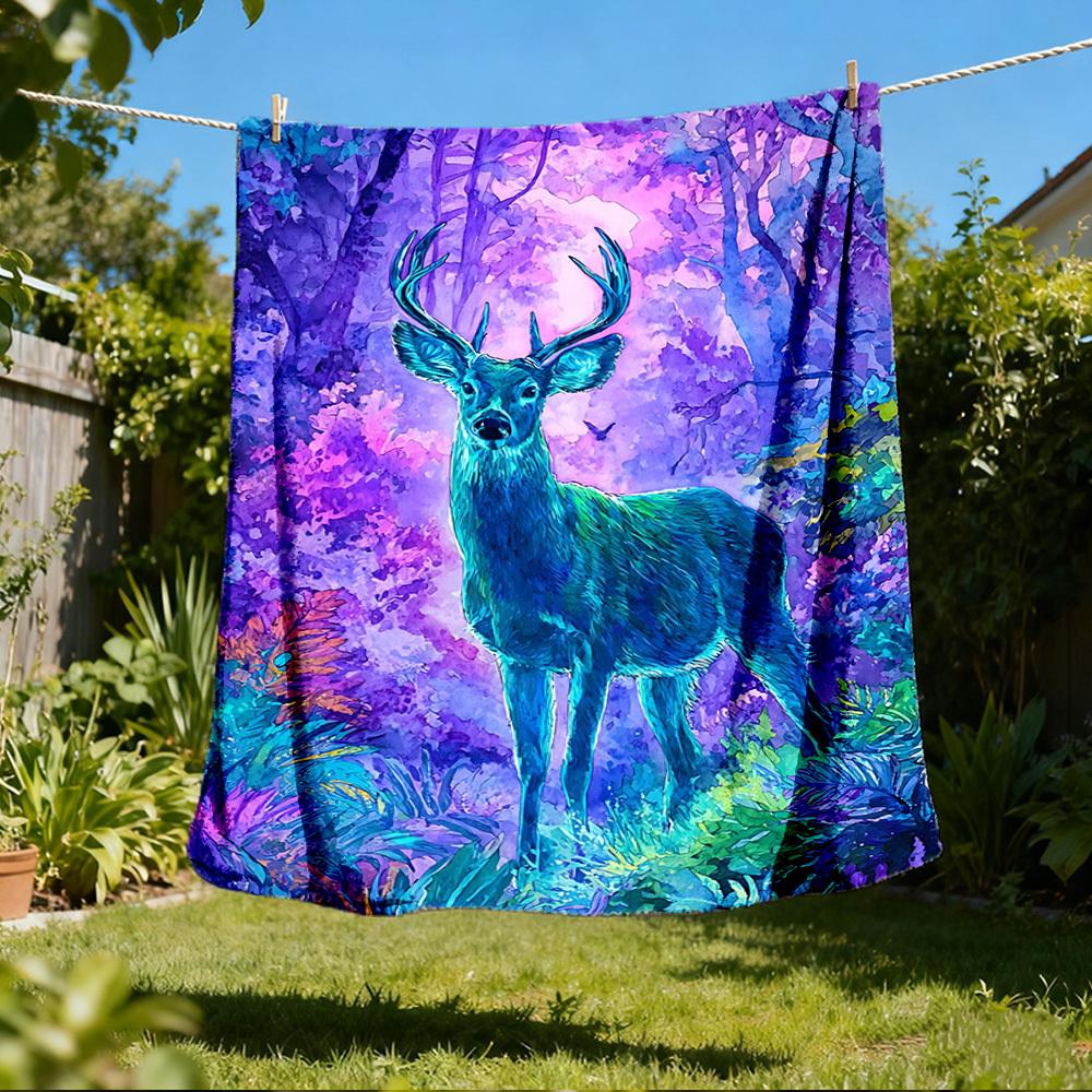 1pc Deer Fantasy Forest Throw Blanket Polyester Fiber, Lightweight Flannel, Soft & Warm, All Season Use for Outdoor, Camping Digital Print