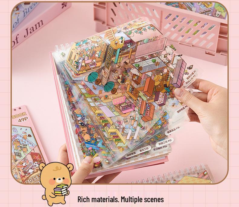 Sonnige Stadt 3D Miniatur-Szenen Stickerbuch: Frühmorgendliche Cartoon-Hüttenlandschaft