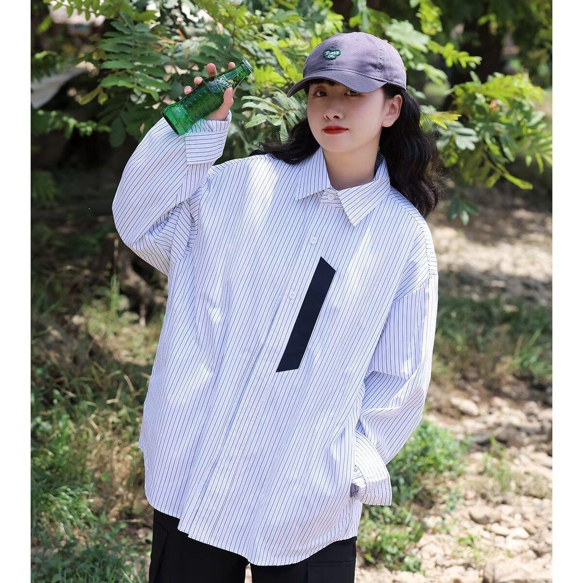 

Рубашка с длинным рукавом с буквенным принтом 2024 года в японском стиле в стиле Гонконга, свободная рубашка для мальчиков, летнее модное универсальное повседневное пальто 2XL светло-синий