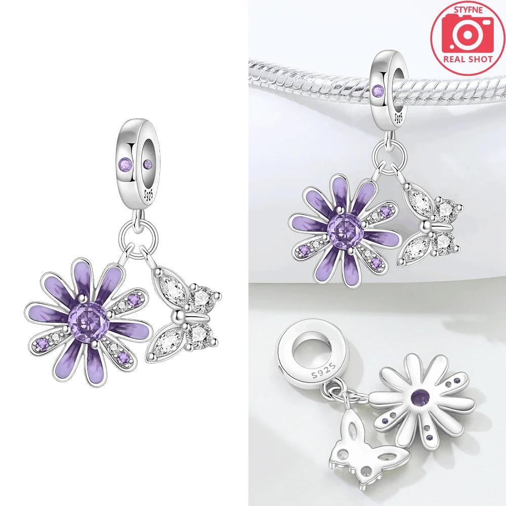 Original Copper Butterfly Clover Pendant Pink Flowers Bead Fit Bracelet Women Jewelry Diy Anniversary Fine Gift