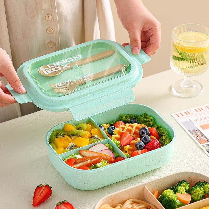 Green Straw Lunch Box with Lid for Adults and Kids Bento Container for School Work or Picnic