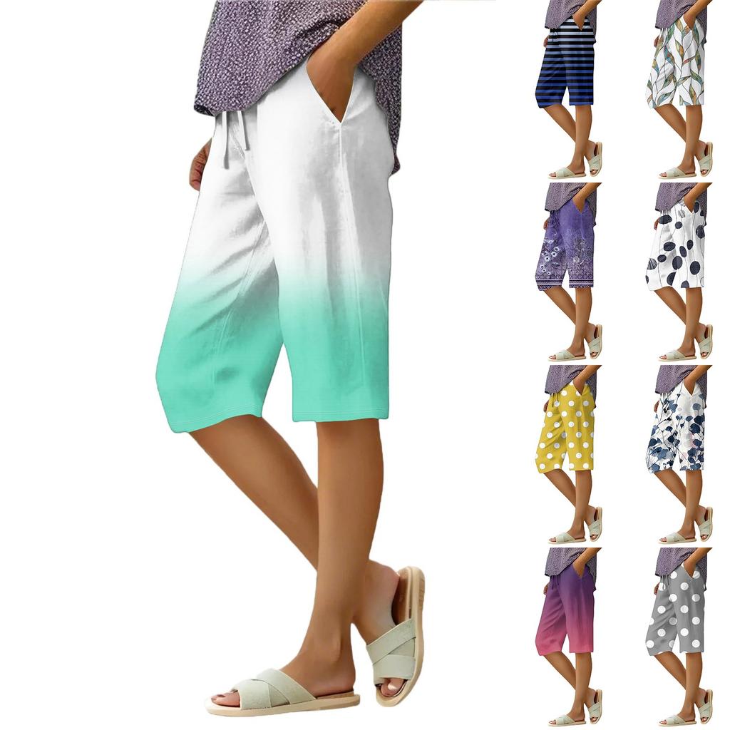 Women's Summer Gradient Floral Polka Dot Print Knee-Length Lightweight Elastic Waist Casual Pocket Shorts
