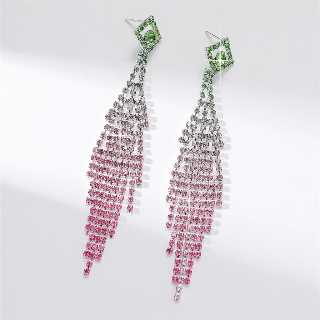 Fashion Gradual Change of Color Super Flash Full Diamond Long Fringed Earrings