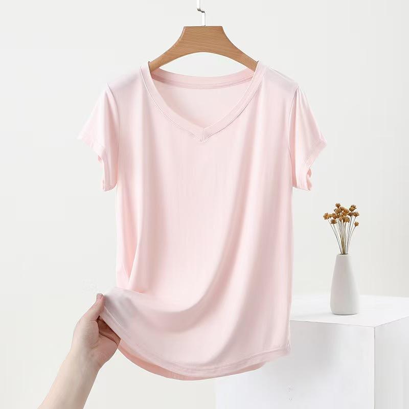 Ladies' Loose Fit Modal T-Shirt Summer V Neck Short Sleeve Solid Color Tee Top for Womens