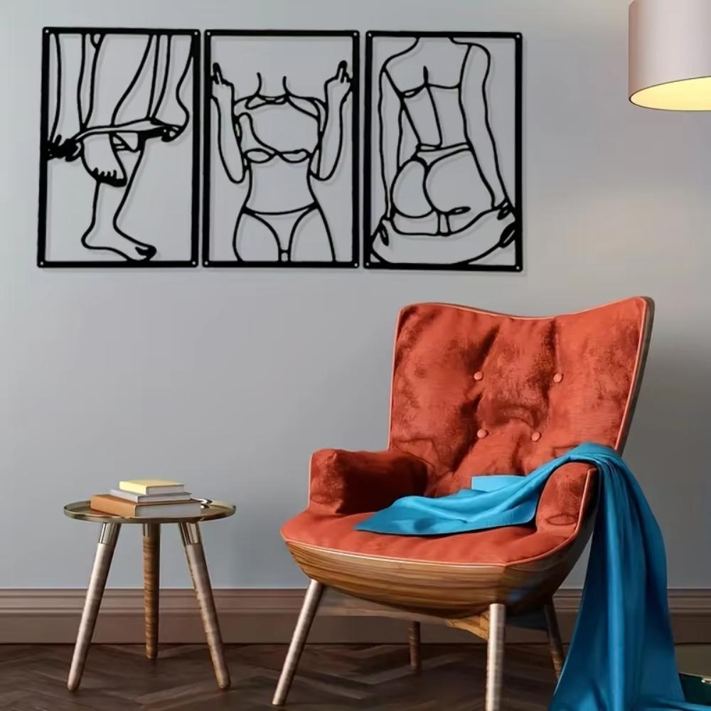 Conjunto de três peças arte de parede abstrata psicológica em metal pintura de linha única decoração de arte de parede, metal pendurado moderno para casa