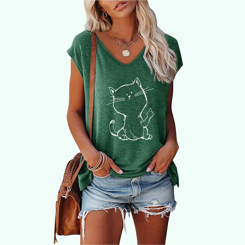 Women Fashion Printed Tee Shirt Summer Casual V Neck Top Shirt Ladies Short Sleeve T-shirt