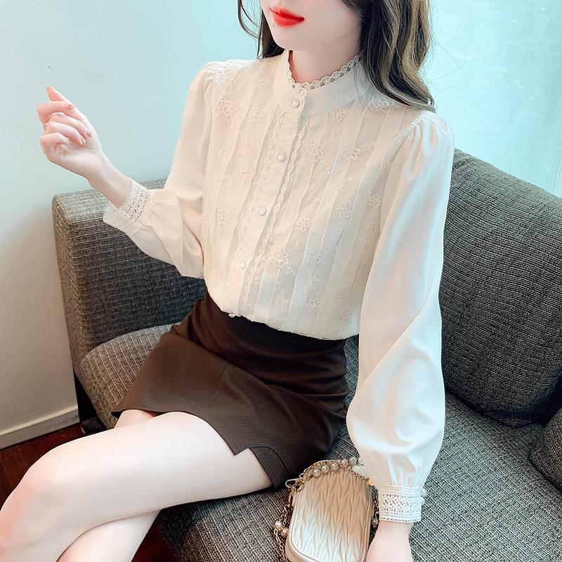 Fashion New 2024 Autumn Long Sleeve Stand Collar Casual Apricot Lace Chiffon Blouse Shirt Women Tops Blouses Shirts J503