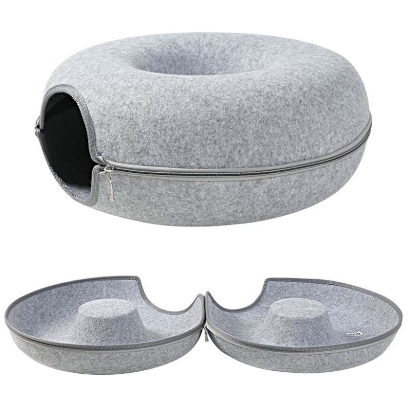 Round Tunnel Cat Bed Comfortable Donut House - light gray