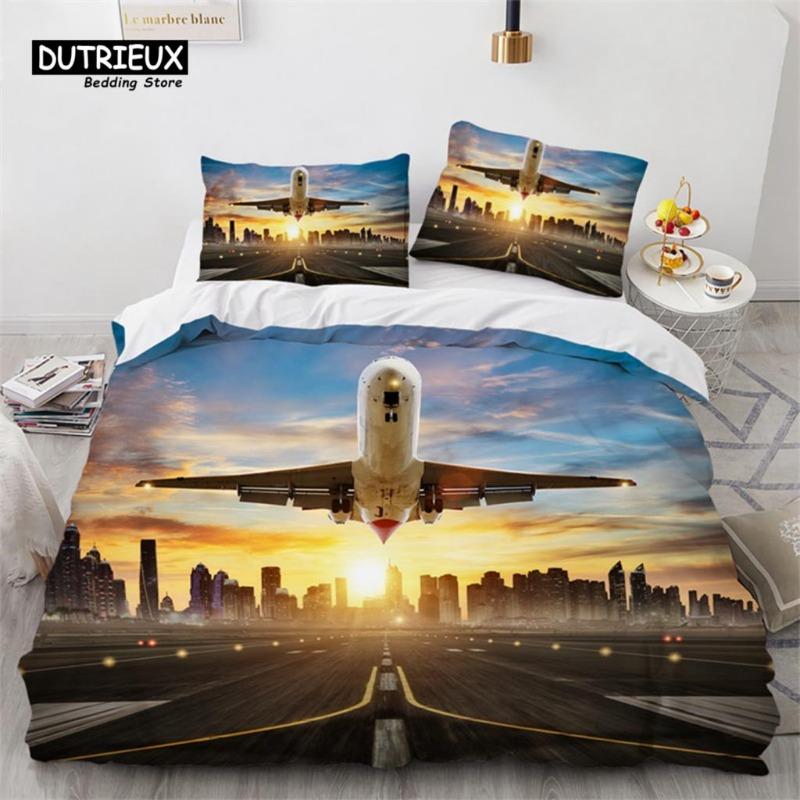 Boys Airplane Duvet Cover King Queen Polyester Aviation Aircraft Runway Bedding Set Sky Scenery Bedspread Cover with Pillowcase Gift