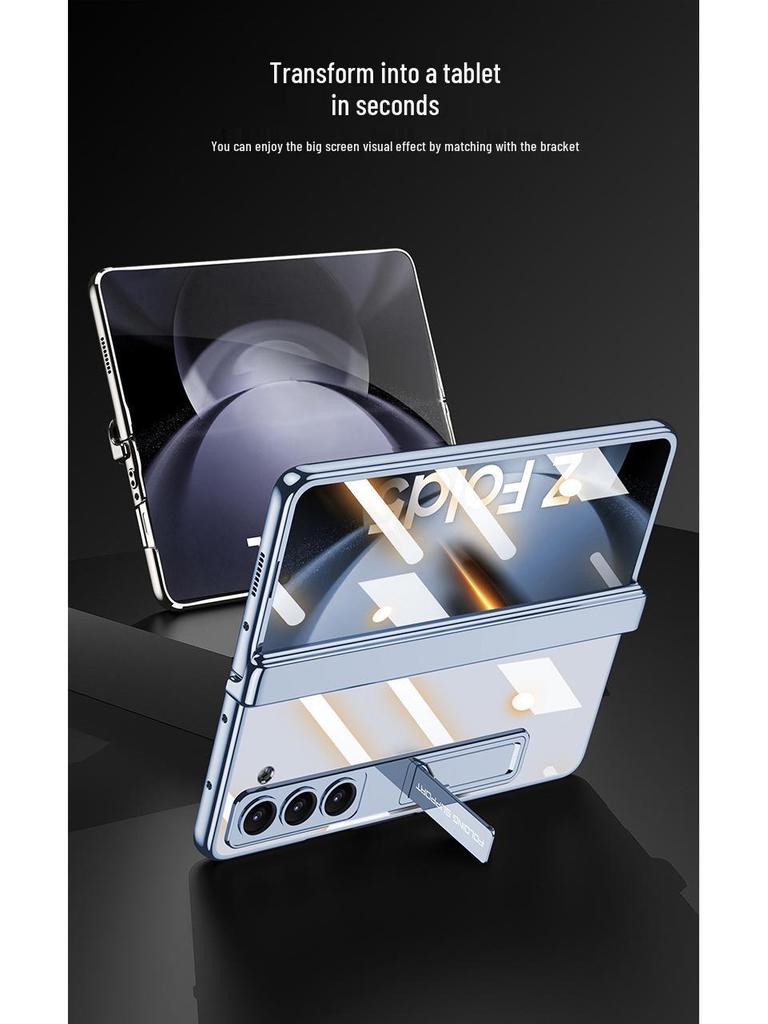Samsung Z Fold5 Phone Case: Electroplated Transparent Hinge, Foldable Full Coverage with Bracket Protection.