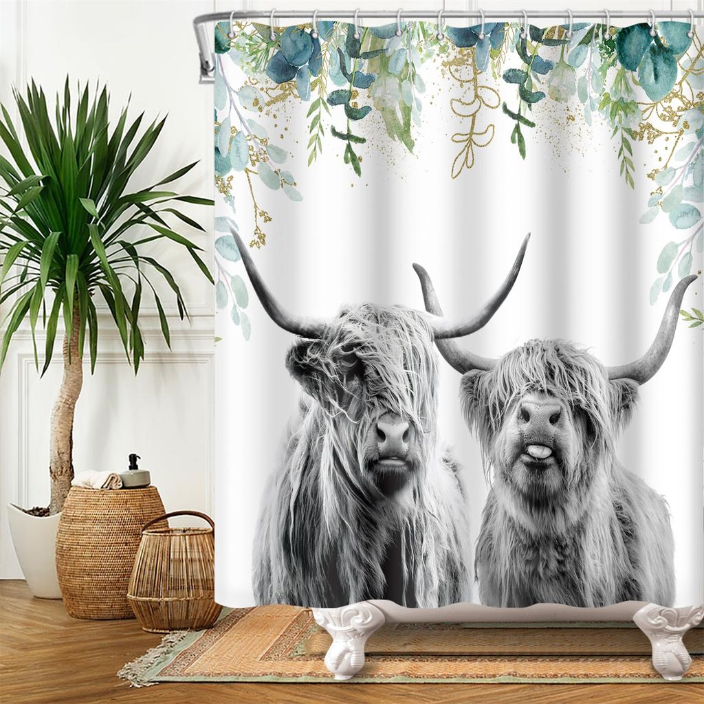 Farmhouse Highland Cow Shower Curtain With Hooks Funny Bull Cattle Bull Floral Decor Country Style Bothroom Curtain