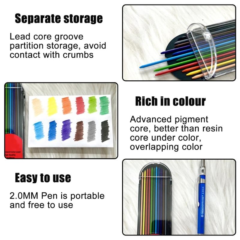 12Pcs 2.0MM Pencil Refills for 2.0MM Mechanical Pencil, 12 Color Pencil Refills for Student Artist Art Drawing Sketching