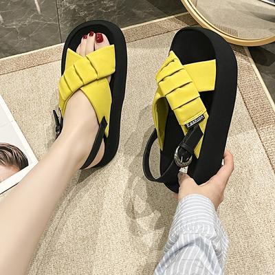 Open-toed Fashionable Yellow Woven Casual Sandals Women's 2025 Summer Breathable and Comfortable Versatile Thick-soled Heightening Beach Shoes