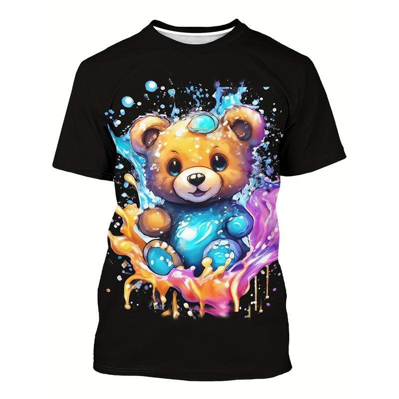Summer Round Neck Cute Bear Graphic 3D Print Top Fashionable Casual Short Sleeved Men's T-shirts