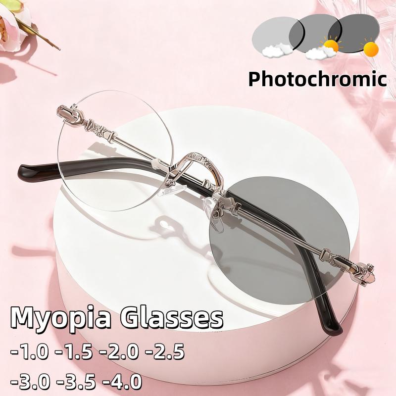 New Frameless Oval Photochromic Myopia Glasses Fashionable and Personalized Border Blue Light Glasses Diopter To -4.0
