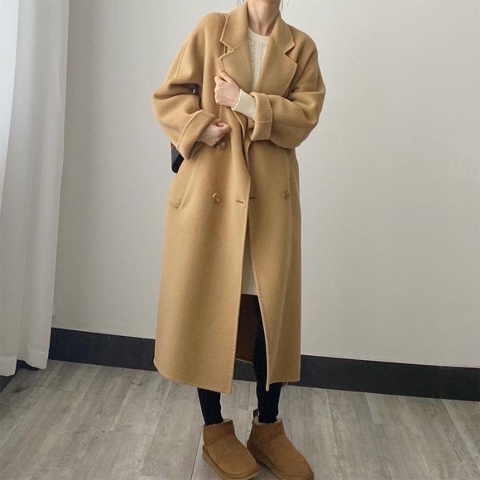 2025 Autumn/Winter Women's Wool Loose Double-Breasted Black Mid-Length Coat, Korean Style.