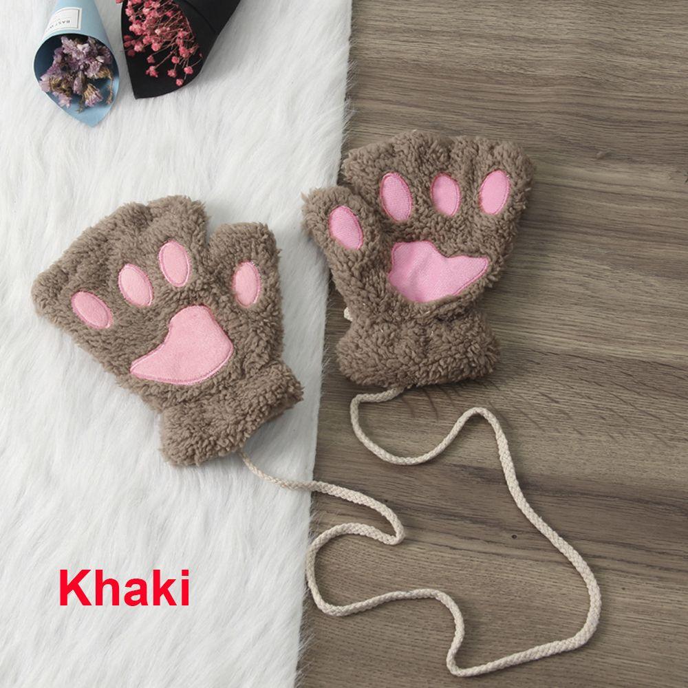 14Colors Girl Fluffy Winter Lovely Gloves Bear Cat Paw  Plush Fingerless хаки