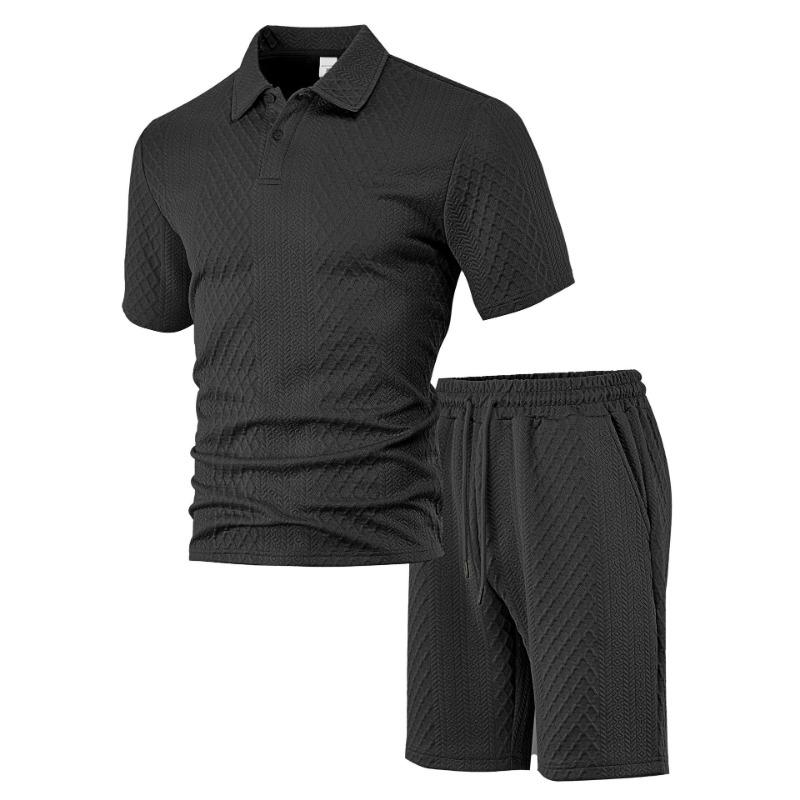 Fashion Men's Textured Polo Shirt 2-Piece Set Casual Short Sleeve Top & Shorts Tracksuit