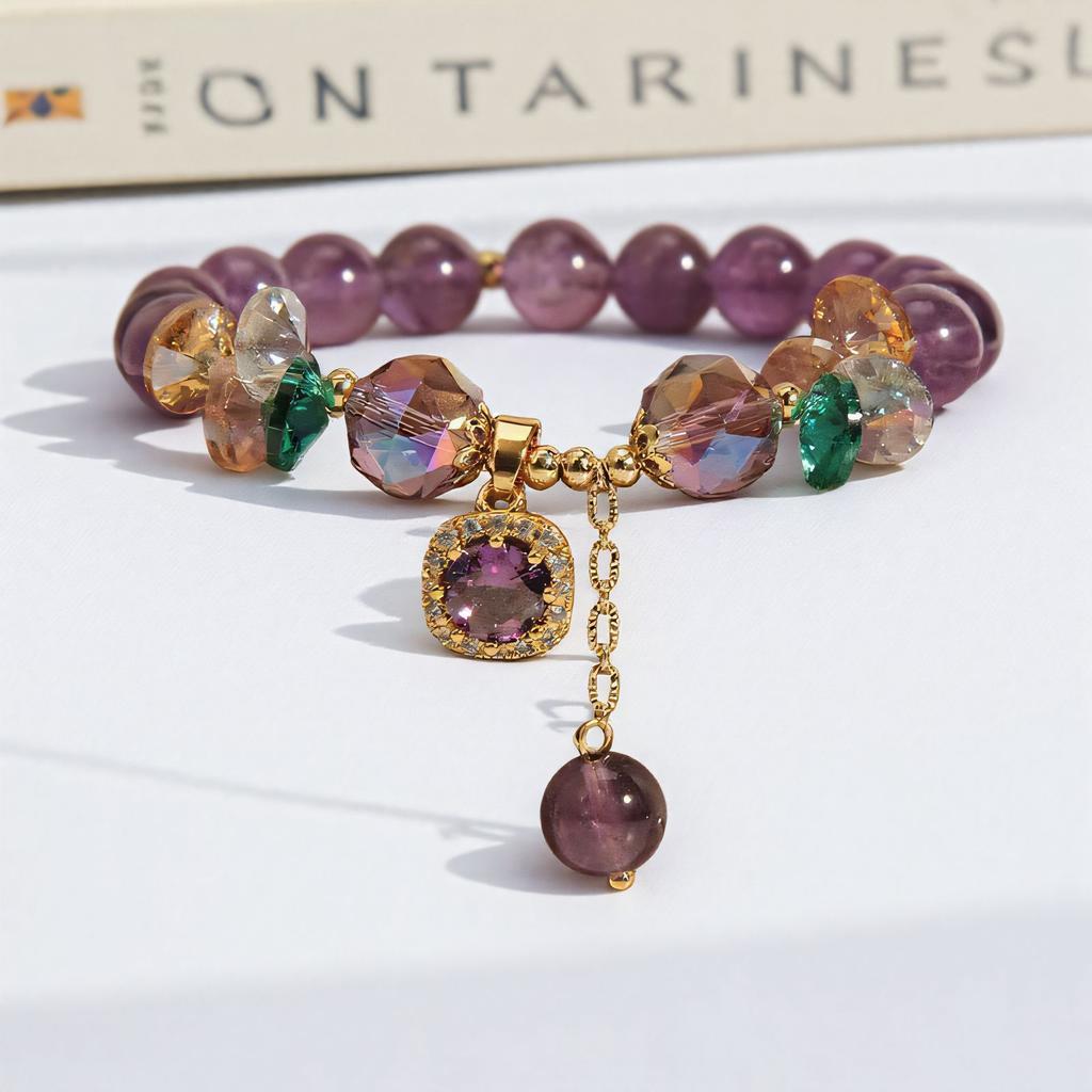 Fashion Purple Crystals Beaded Bracelets for Women Round Beads Purple Four-leaf Clover Drop Bracelet Lucky Stretch Hand Chain Jewelry for Wedding