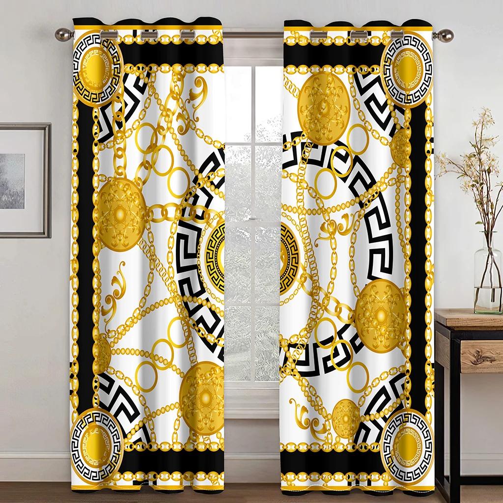 

3D роскошные черные золотые узоры, европейские домашние шторы, 2 панели, богмейский стиль, гостиная, спальня, декор для окон, шторы 100W220H(CM)X2&Grommet Top