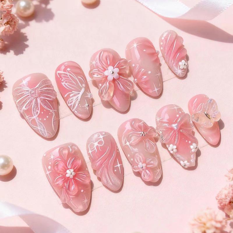 30-Piece Pink Bow 3D Rhinestone Almond Nail Tips with Flowers and Hearts