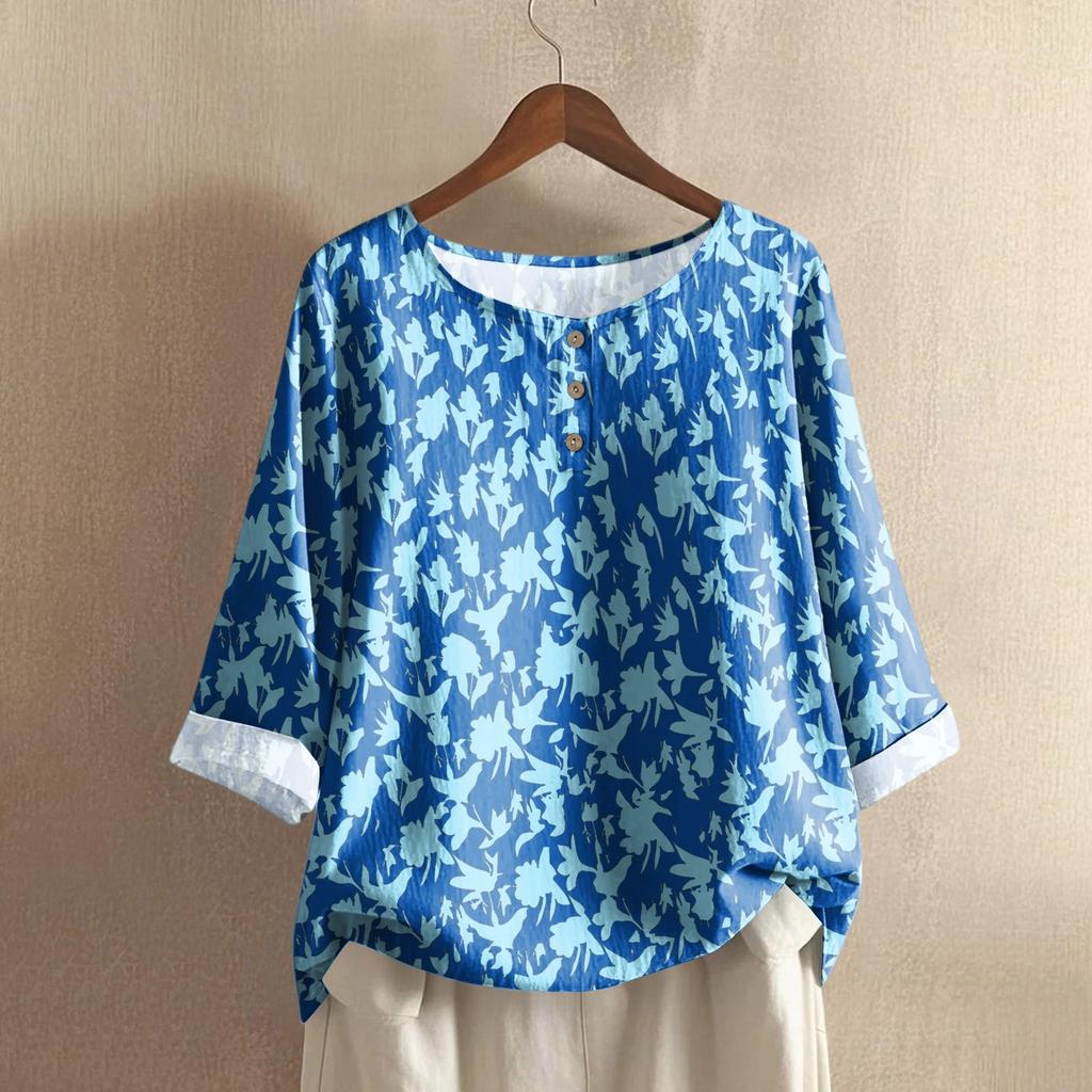 Damen Casual Dreiviertelarm Rundhals Farbverlauf Bedrucktes Baumwoll- und Leinenoberteil