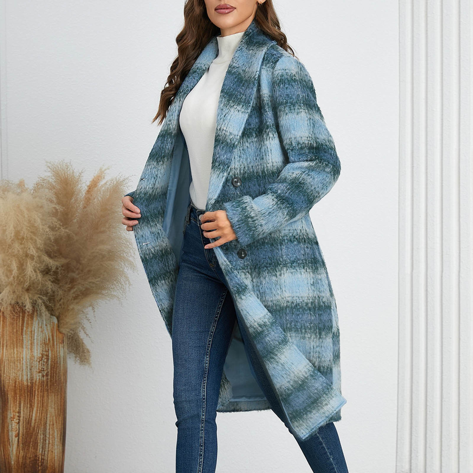 

Women s Medium Long Plaid Woolen Double Breasted V-neck Jacket XXL синий