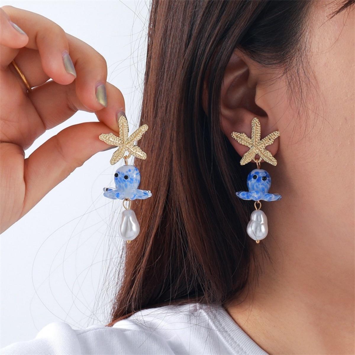 Starfish Octopus Shaped Baroque Irregular Imitation Pearl Drop Earrings For Women Men Beach Sea Animal Earrings Vacation Jewelry